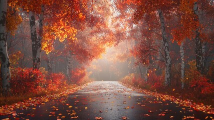 Serene Autumn Pathway Through Vibrant Red and Orange Foliage