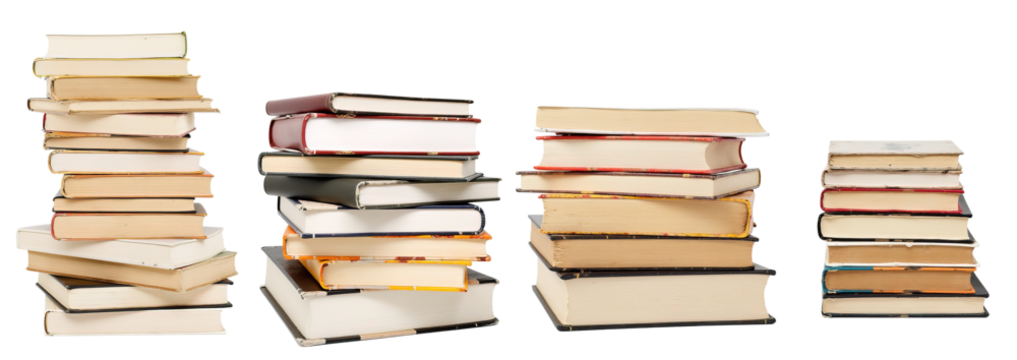 Collection of various hardcover books on transparent backgrounds. Concepts for education and learning, books for design.