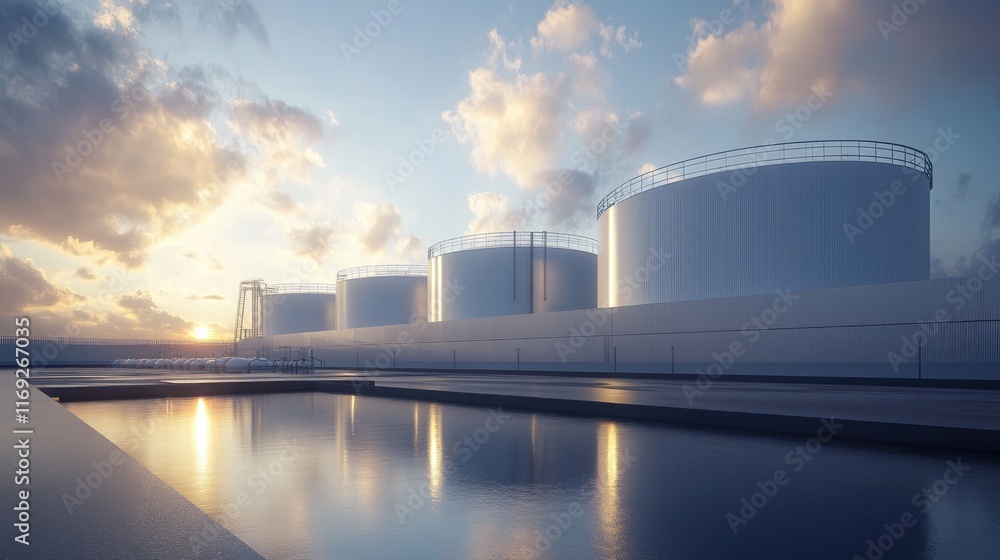 Poster three large industrial tanks positioned in a sleek, modern facility, with intricate piping systems d