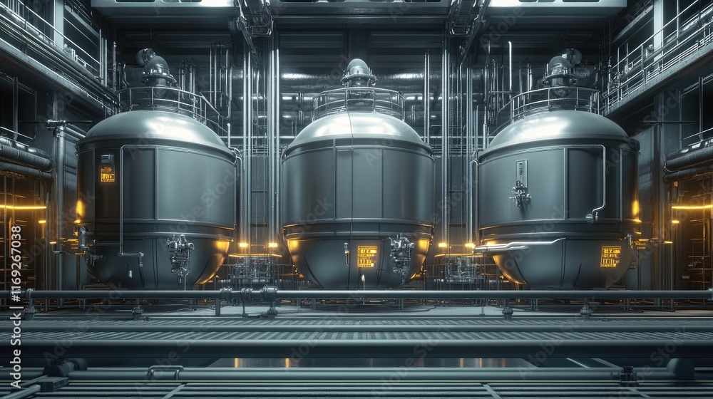 Poster three large industrial tanks positioned in a sleek, modern facility, with intricate piping systems d