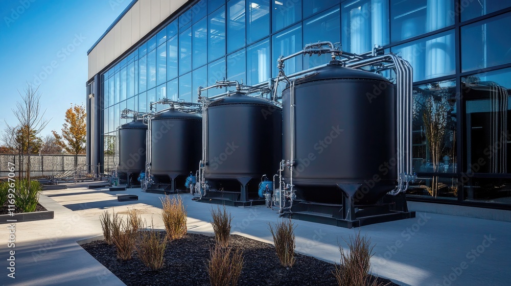 Poster three large industrial tanks positioned in a sleek, modern facility, with intricate piping systems d