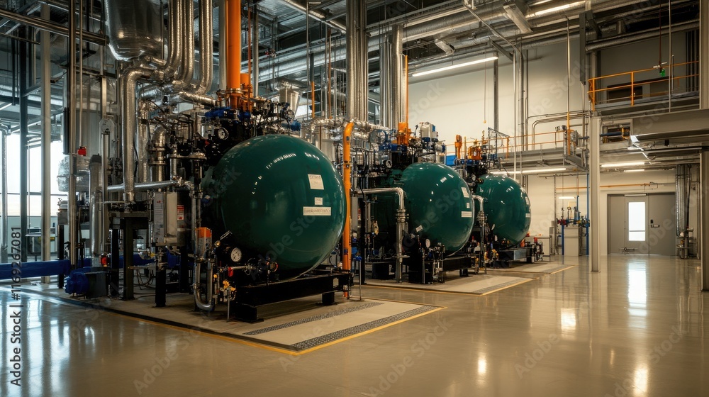 Poster three large industrial tanks in a contemporary facility, featuring complex piping systems for optimi