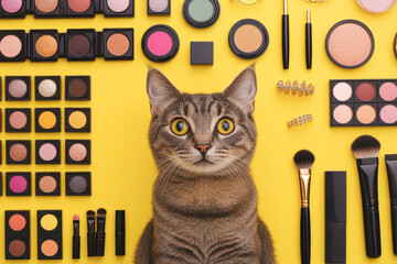 Cat surrounded by makeup products creative studio bright setup