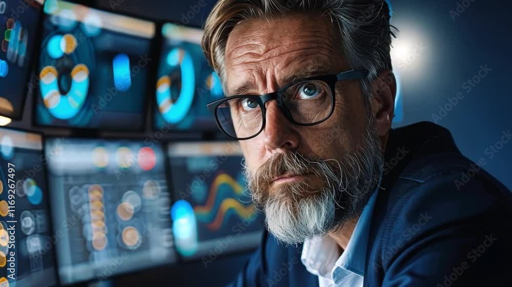 Aufkleber An experienced data analyst focuses intently on various digital metrics displayed on multiple screens in a modern workspace.