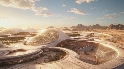 Fototapeta premium Futuristic Arab City Powered by Massive Mirrors - Cinematic Wide Shot of Desert Power Generation