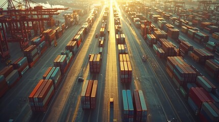 Aerial View of Shipping Containers at Port During Sunset Glow