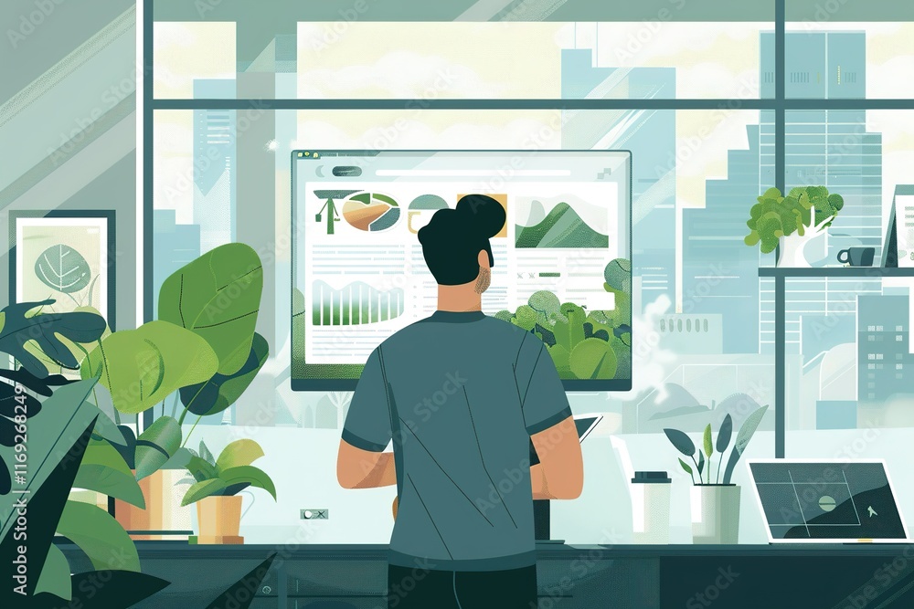Poster man reviewing data on large monitor in modern office with city view.