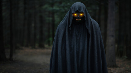 Naklejka premium Eerie Cloaked Figure with Glowing Yellow Eyes in a Dark Forest