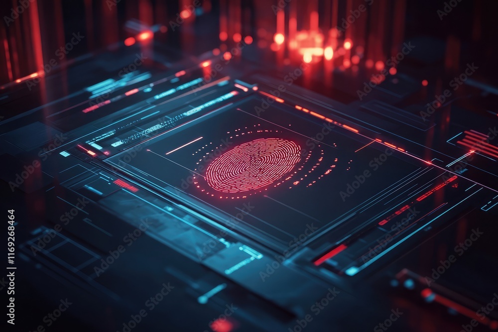 Poster biometric fingerprint scanning concept showcasing identity verification, access control, and secure 