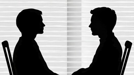 Vector illustration of two human head silhouettes representing a therapist and patient, showcasing a psychotherapy concept.