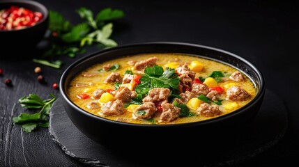 Creamy soup with corn, meat, and peppers in a black bowl.