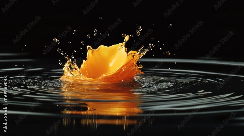 Poster a dynamic splash of orange liquid creating ripples in dark water.