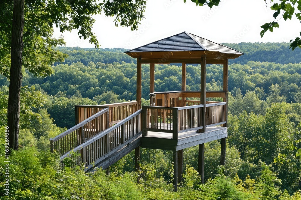 Poster birdwatching platform in an open natural setting with expansive tree-lined views