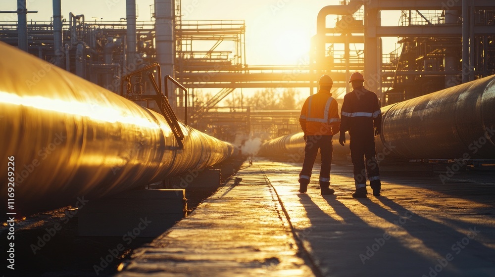 Poster workers inspecting large industrial pipes under the warm light of the setting sun, emphasizing the s