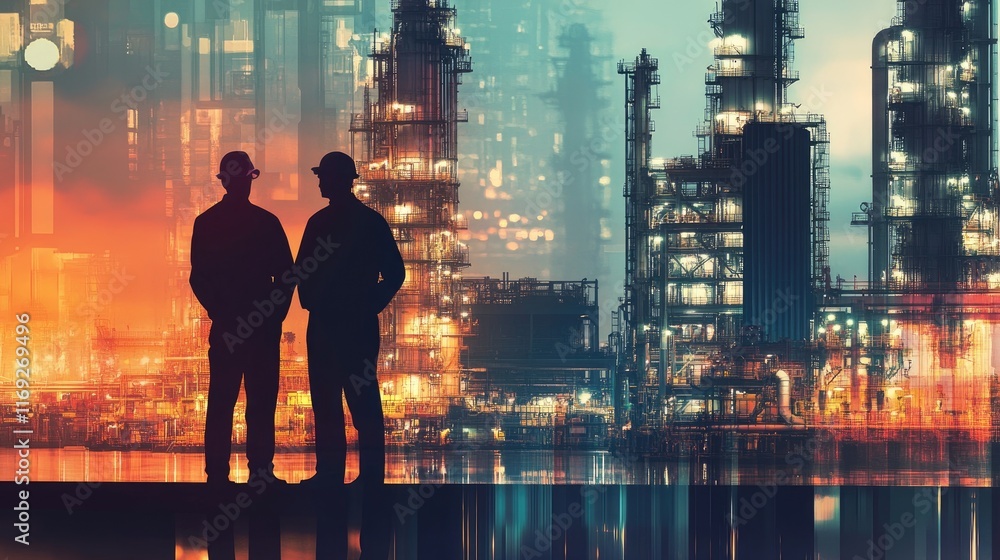 Poster workers supervising operations at a petroleum shipping port with cargo containers in the background,