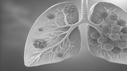 Lung cancer. Realistic transparent blue human lungs with tumor or Metastasis. Glowing effect on dark background. Vector illustration like X-ray image for