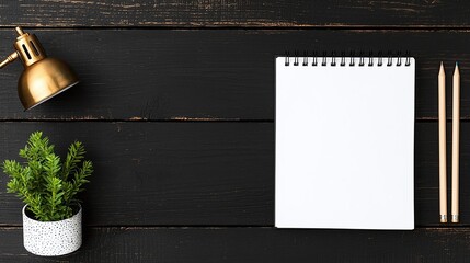 Blank notepad, pencil, lamp, plant on dark wooden desk.
