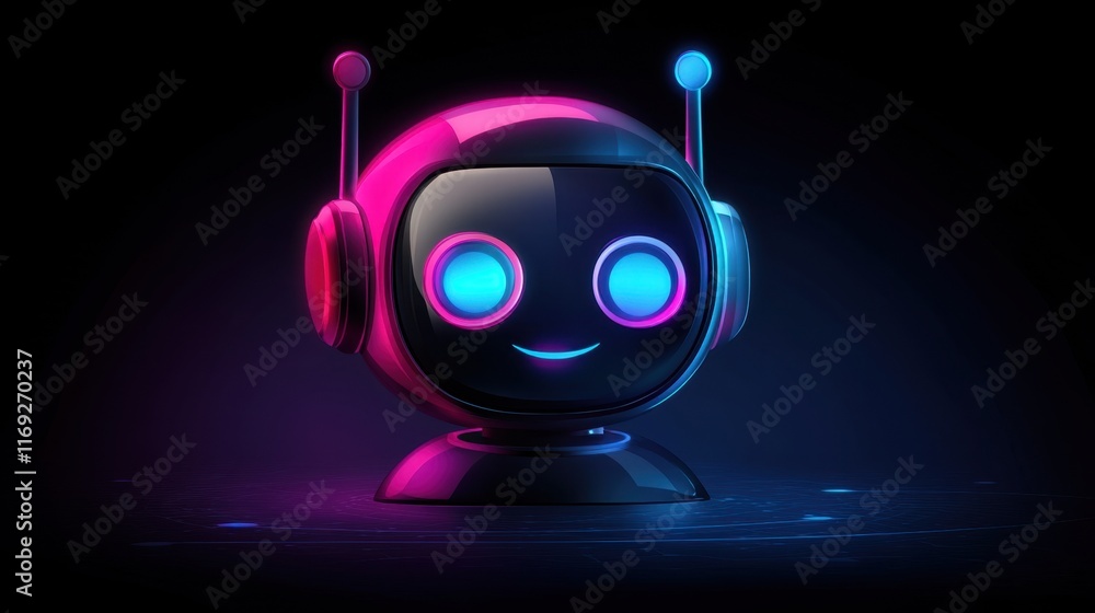 Poster cute retro robot character with neon lights and friendly expression