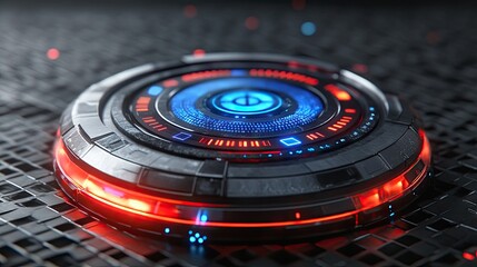 A futuristic circular device with glowing blue and red lights. Ideal for a sci-fi film prop or game asset.