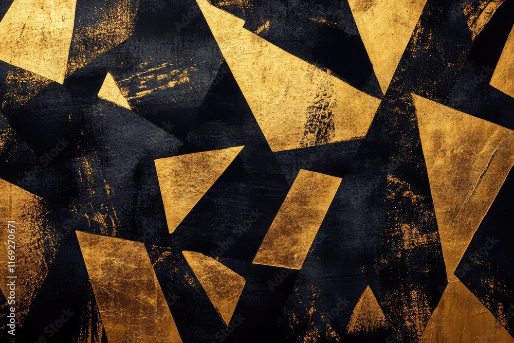 Poster bold black and gold abstract pattern with angular shapes, providing a striking and modern design fou