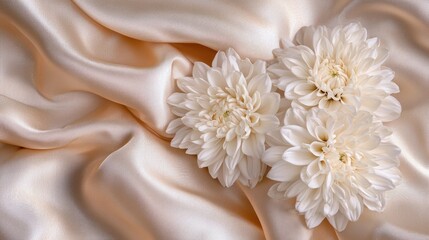 A soft, elegant arrangement featuring cream-colored flowers on a luxurious satin fabric, creating a serene and sophisticated aesthetic.