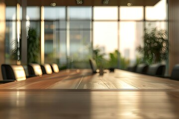 Fototapeta premium Modern conference room with large windows and a long wooden table.