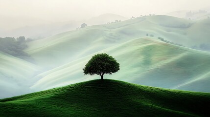 Solitary Tree Hilltop Landscape Illustration