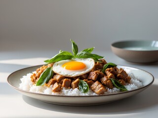 Delicious stir fried pork with basil served on rice alongside a perfectly fried egg for a hearty meal.
