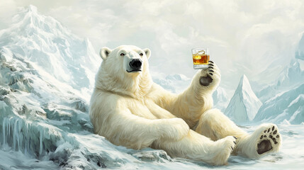 A polar bear rests on its haunches amid an Arctic landscape, holding a whiskey glass aloft with a grim yet satisfied expression