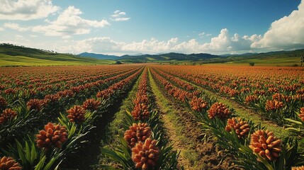 Vibrant orange ginger field stretches to the horizon under a bright sky.