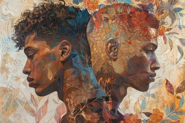 Two men are painted on a canvas with leaves and flowers surrounding them