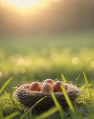Obraz premium Tranquil Nest with Three Brown Eggs on Green Grass in Soft Golden Light of Sunrise or Sunset.