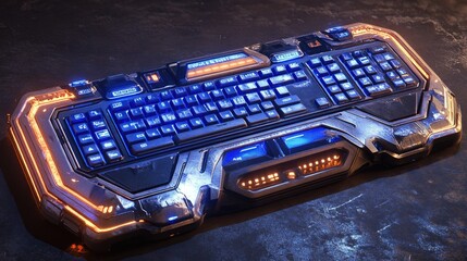 A futuristic rugged keyboard with glowing accents ideal for gamers or sci-fi enthusiasts.  Perfect for immersive gaming or as a unique computer peripheral.
