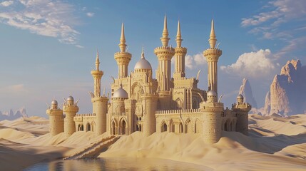 Futuristic Arabian Desert Fortress with Solar Panels and Swirling Dust Storms - Sci-Fi Cinematic Landscape