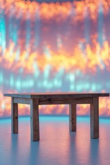 Wooden table in front of an abstract blurred background with colorful lights perfect for product display or promotional montage use.