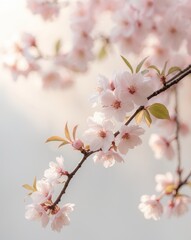 Obraz premium Delicate Cherry Blossom Branch with Soft Pink Flowers in Bloom.