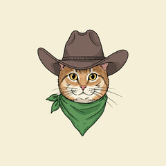 The image shows an illustration of an orange cat wearing a brown cowboy hat and a green bandana.