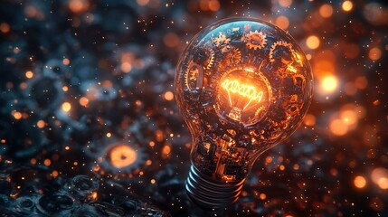 A conceptual image of a lightbulb made up of interconnected gears and circuits, symbolizing innovative ideas and technology. The lightbulb emits a soft glow against a dark gradient background.