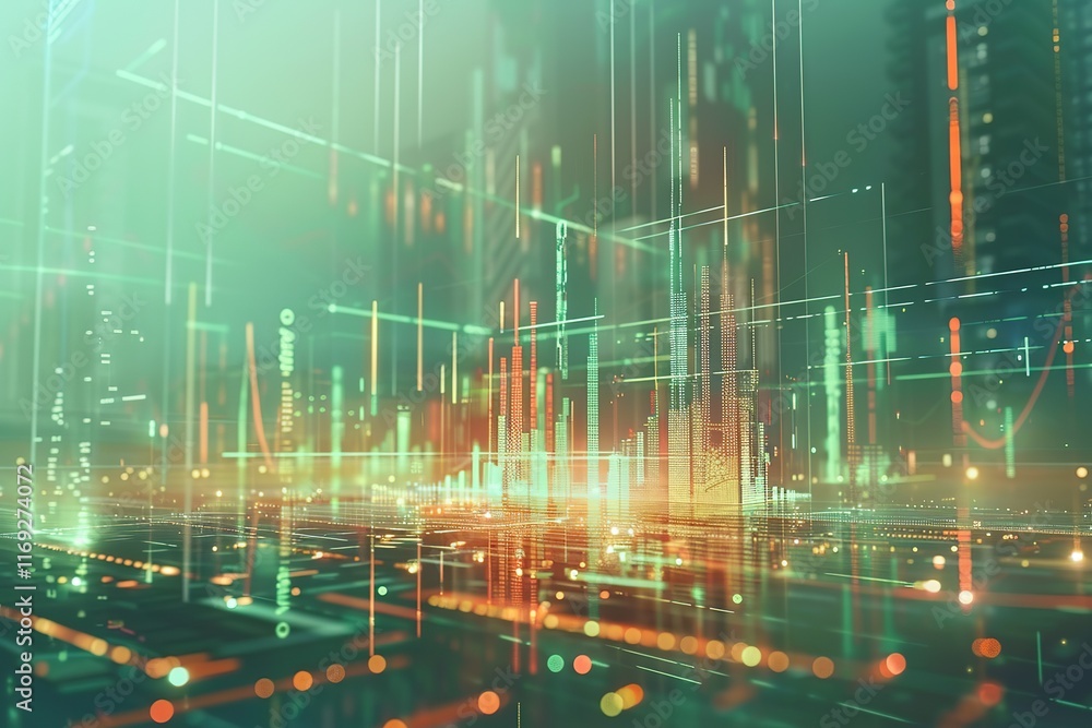 Poster abstract cityscape with digital data streams and glowing lines.