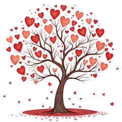 Fototapeta premium Romantic Heart Tree with Falling Leaves - Whimsical tree adorned with red heart-shaped leaves and delicate branches, surrounded by falling hearts, on a black background.