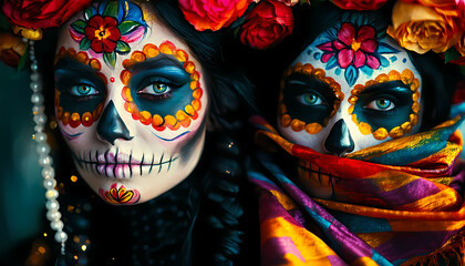 Dia de Muertos in Mexiko, zwei Frauen mit symbolischen Bemalungen und traditionellen Kost&uuml;men mit Blumen w&auml;hrend des mexikanischen Feiertags zum Tag der Toten.