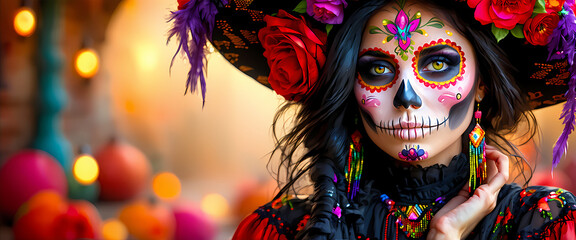 Dia de Muertos in Mexiko, Frau mit symbolischen Bemalungen und traditionellem Kost&uuml;m mit Blumen am mexikanischen Feiertag am Tag der Toten, Panorama.
