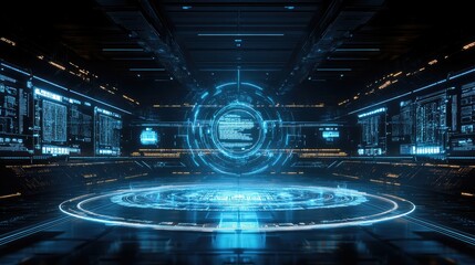 Futuristic command center with holographic interface. Ideal for game or film setting depicting advanced technology and data analysis.