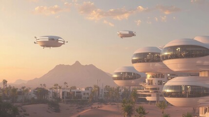 Naklejka premium Futuristic Arab Neighborhood: Levitating Glass Pods, Automated Drones, Pastel Dawn Sky Cinematic Image