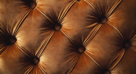 Naklejka premium This close-up features luxurious brown upholstery with deep tufting and buttons, highlighting the fabric's softness and intricate details, perfect for adding elegance to any interior setting