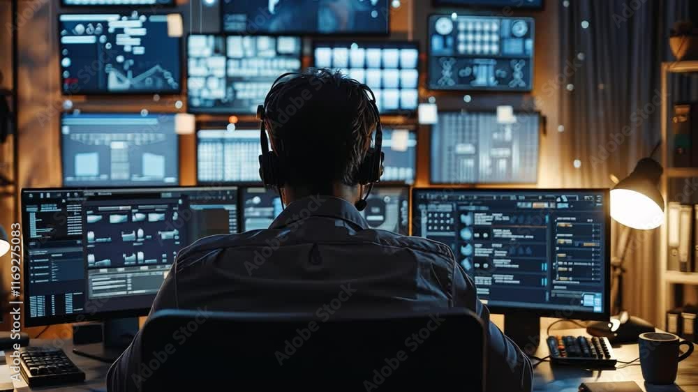 Poster A person with headphones focuses on several computer monitors showcasing various data visualizations in a dimly lit environment.