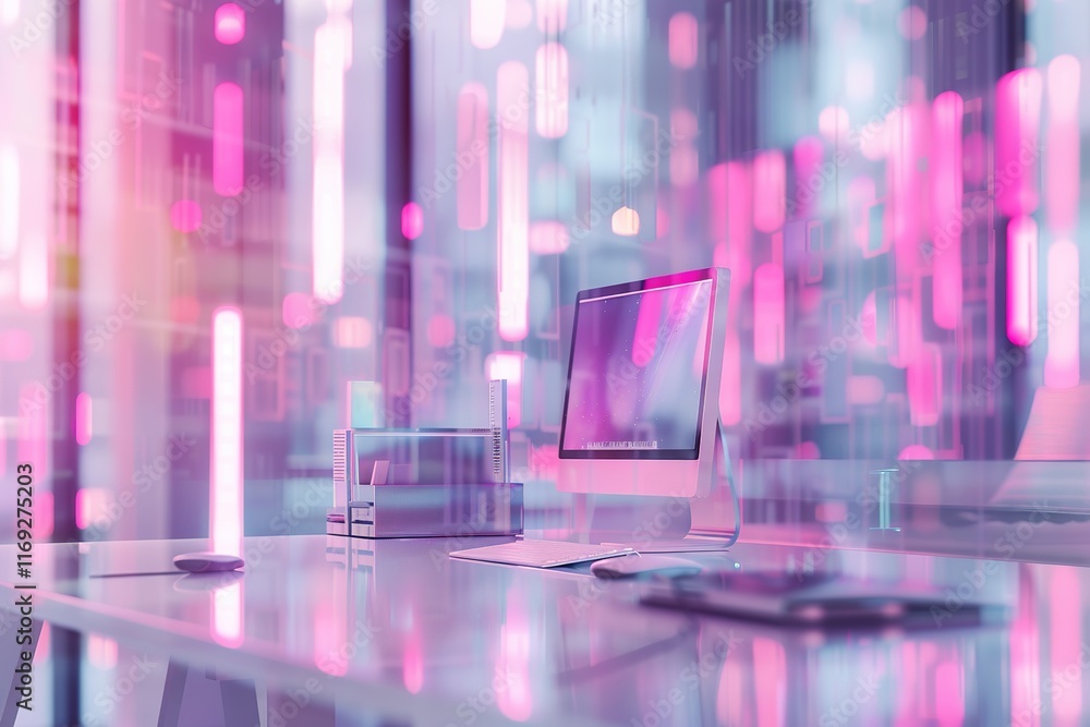 Poster modern workspace with computer and city lights reflection.