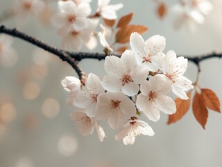 Obraz premium Delicate white cherry blossoms on branch with brown leaves.