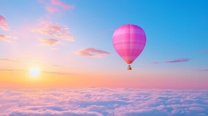 Obraz premium Hot Air Balloon Rising at Sunrise Over Clouds Inspirational Journey Serene Sky Dream Pursuit