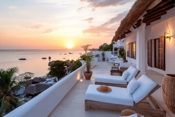 Fototapeta premium A picturesque terrace that captures the essence of a stunning sunset over the ocean, adorned with comfortable seating for the perfect evening relaxation experience.